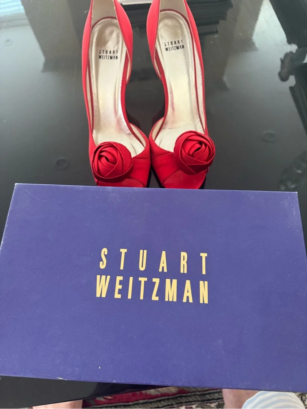 Stuart Weitzman Red Satin Peep-Toe Pumps with Rosette